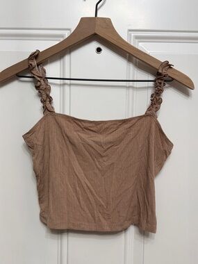 Forever 21 Taupe Ruffle-Shoulder Ribbed Crop Tank